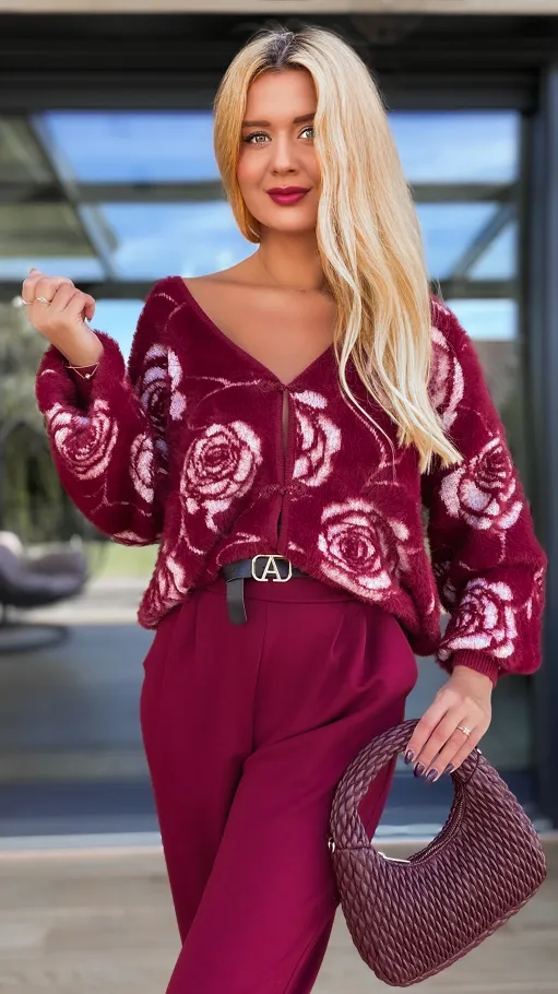 Bordowy sweter FLUFFY w kwiaty zapinany na haftki ONE SIZE - R108B