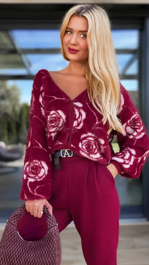 Bordowy sweter FLUFFY w kwiaty zapinany na haftki ONE SIZE - R108B