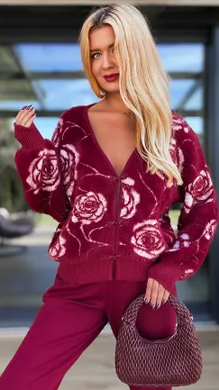 Bordowy sweter FLUFFY w kwiaty zapinany na haftki ONE SIZE - R108B