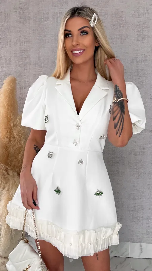 Super elegancka sukienka z kwiatowymi cyrkoniami WHITE - R693