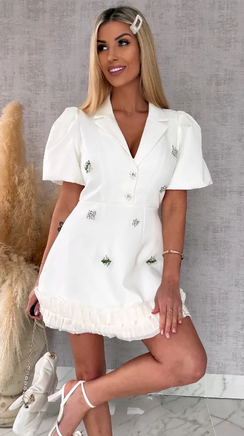 Super elegancka sukienka z kwiatowymi cyrkoniami WHITE - R693