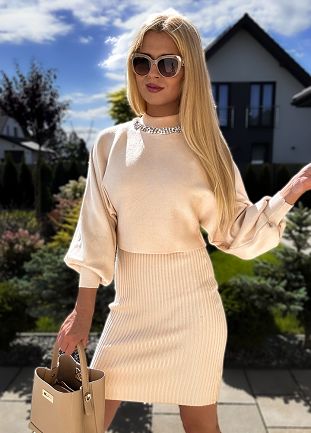 Komplet dzianinowy z chokerem sweter + sukienka ECRU - M091