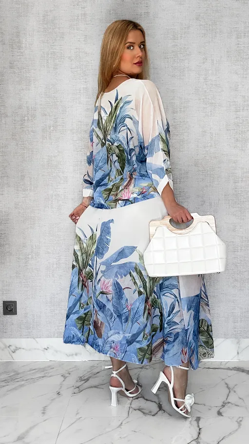 Niesamowity komplet w NIEBIESKIE kwiaty bluzka + maxi spódnica ONE SIZE - P449