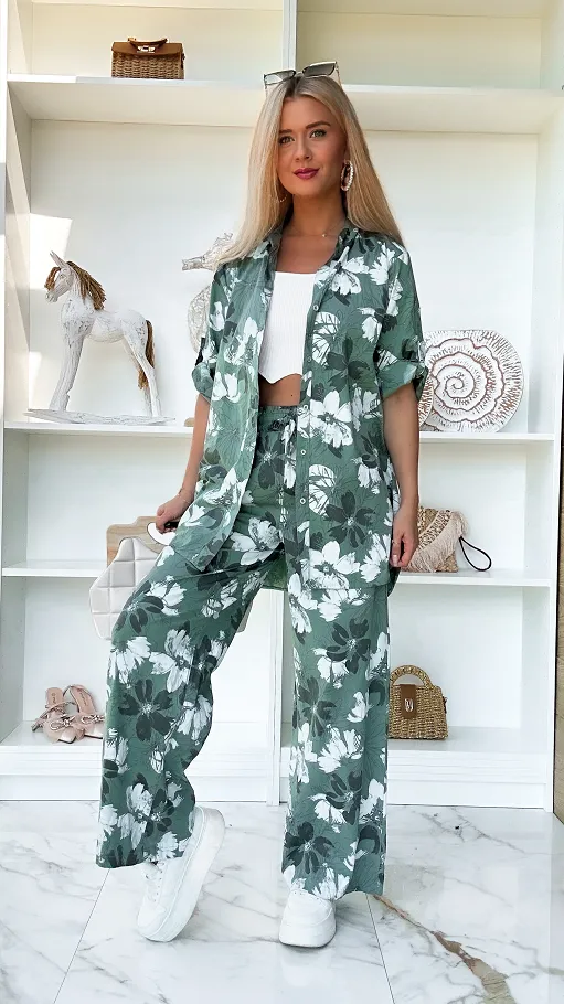 Doskonały bawełniany komplet w zielone kwiaty ONE SIZE - P693A