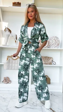 Doskonały bawełniany komplet w zielone kwiaty ONE SIZE - P693A
