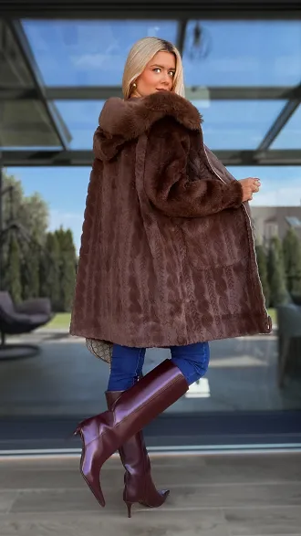 Oryginalne LONG futerko golone we wzorze warkocza CZEKOLADOWE - R114B