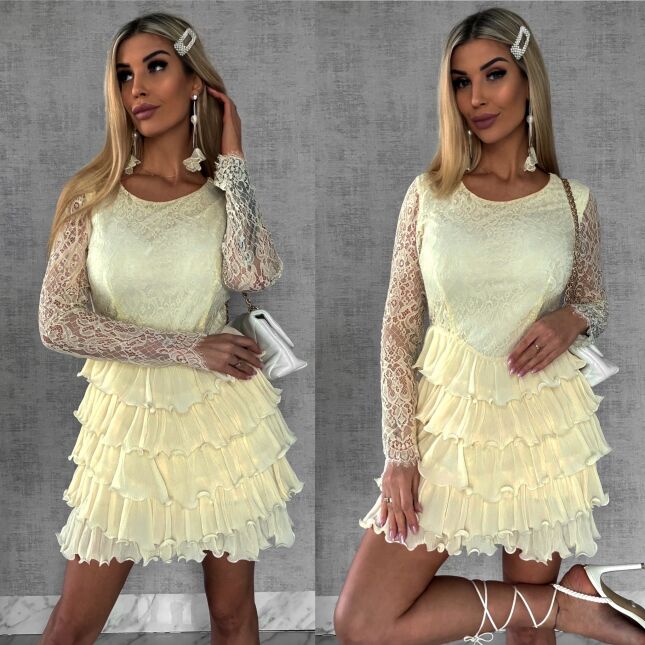 Niesamowita cytrynowa sukienka z koronki i falbanek - R479