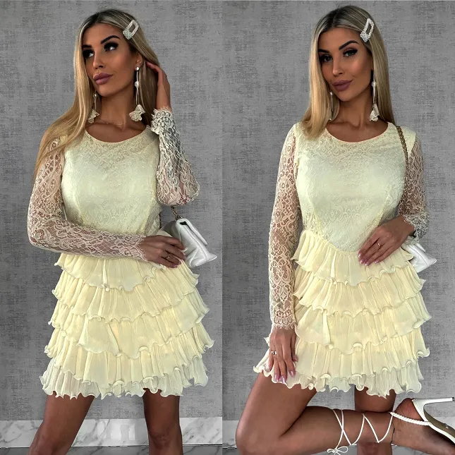 Niesamowita cytrynowa sukienka z koronki i falbanek - R479