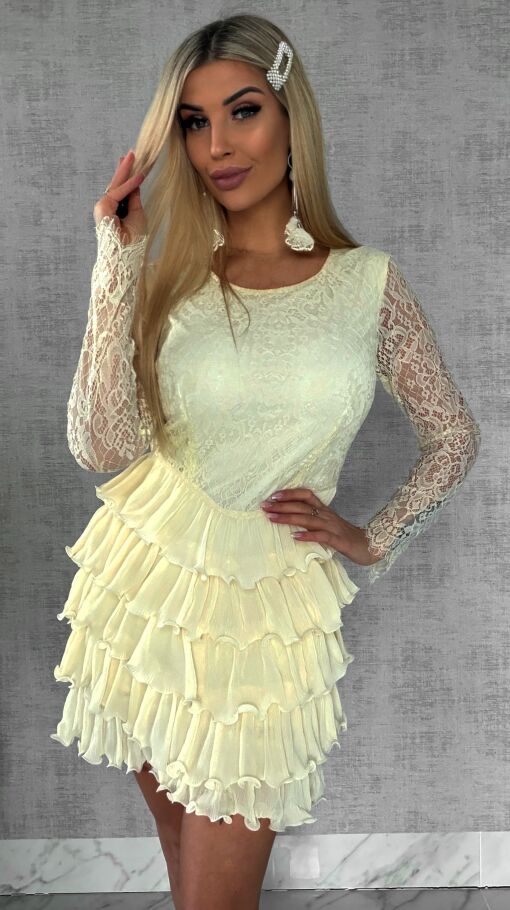 Niesamowita cytrynowa sukienka z koronki i falbanek - R479