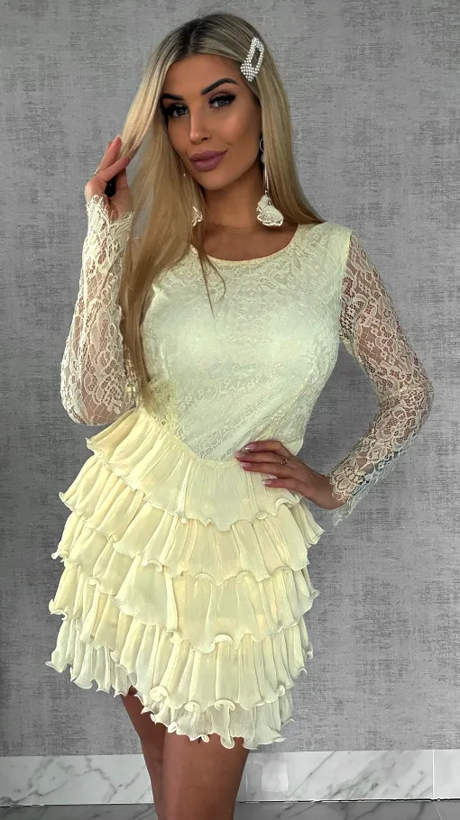 Niesamowita cytrynowa sukienka z koronki i falbanek - R479