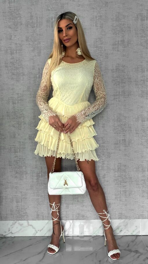 Niesamowita cytrynowa sukienka z koronki i falbanek - R479