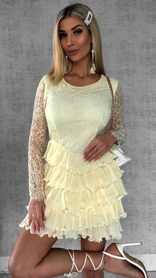 Niesamowita cytrynowa sukienka z koronki i falbanek - R479