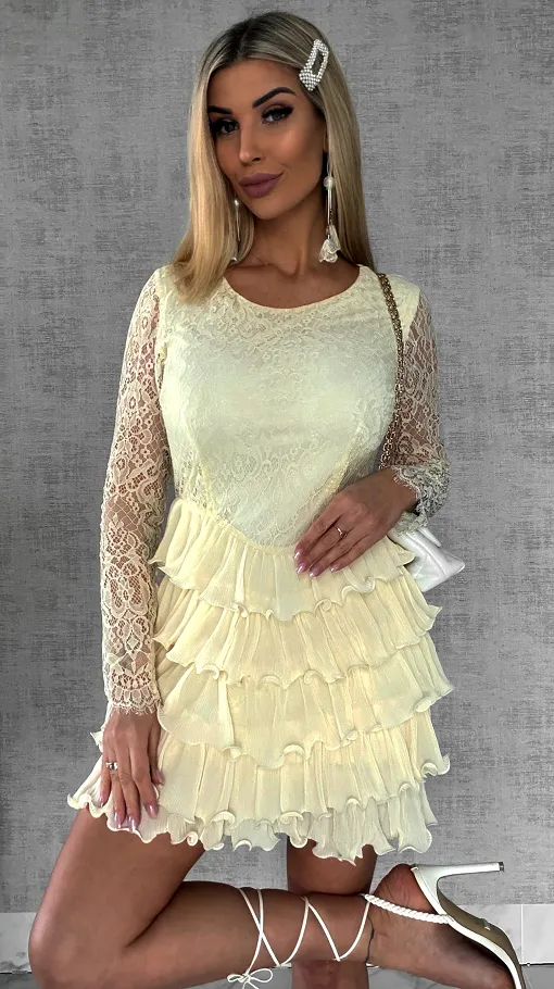 Niesamowita cytrynowa sukienka z koronki i falbanek - R479