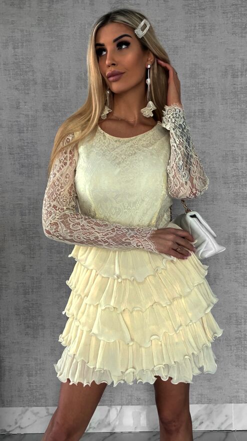 Niesamowita cytrynowa sukienka z koronki i falbanek - R479