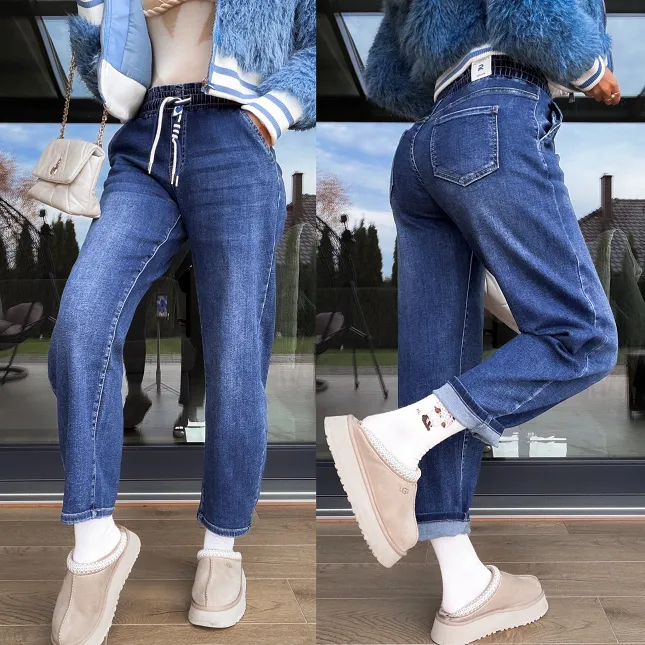 Elastyczne spodnie jeansowe BALLOON FIT z gumą w pasie BLUE JEANS - R230