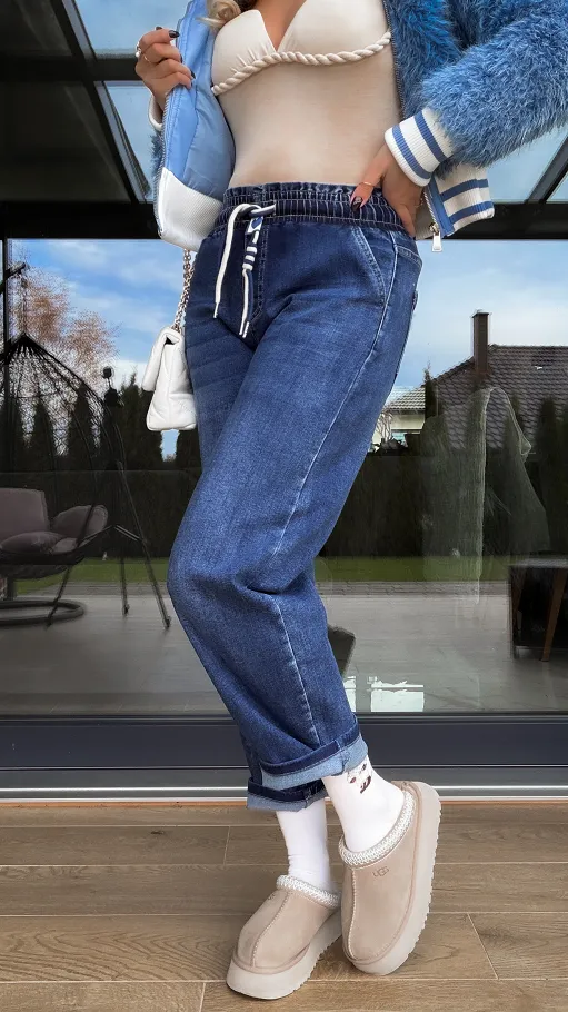 Elastyczne spodnie jeansowe BALLOON FIT z gumą w pasie BLUE JEANS - R230