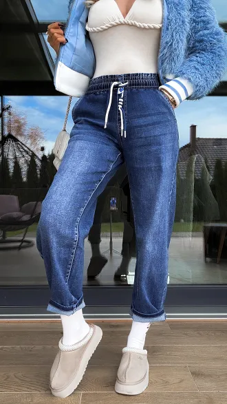 Elastyczne spodnie jeansowe BALLOON FIT z gumą w pasie BLUE JEANS - R230
