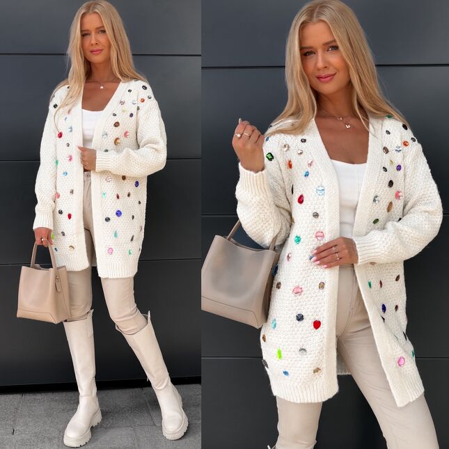 Oryginalny kardigan ECRU z kolorowymi kamieniami ONE SIZE - S381