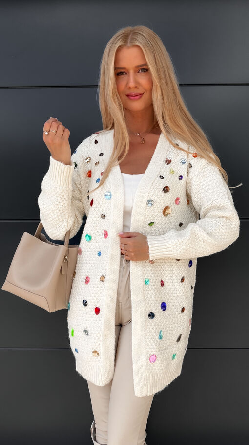 Oryginalny kardigan ECRU z kolorowymi kamieniami ONE SIZE - S381