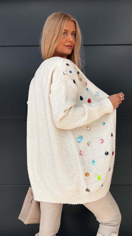 Oryginalny kardigan ECRU z kolorowymi kamieniami ONE SIZE - S381