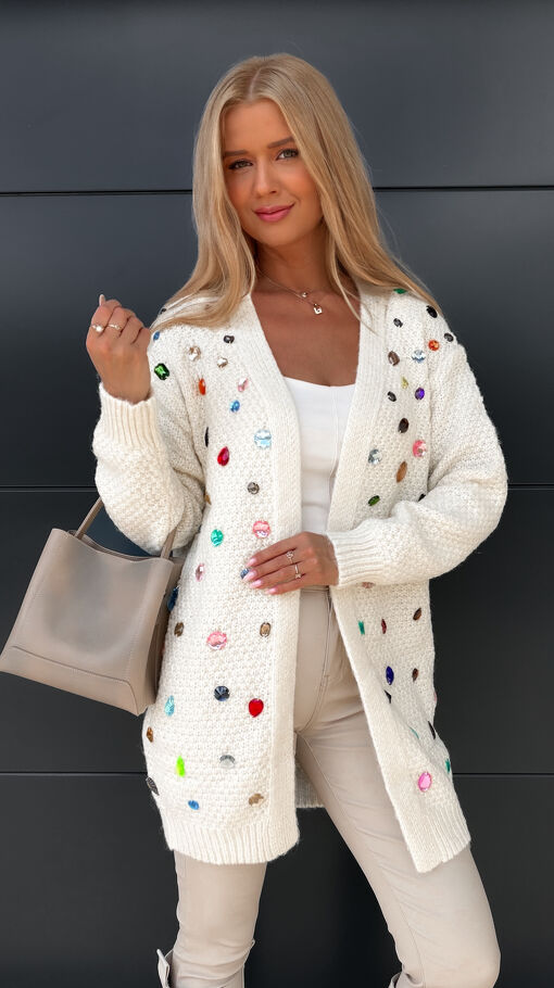 Oryginalny kardigan ECRU z kolorowymi kamieniami ONE SIZE - S381