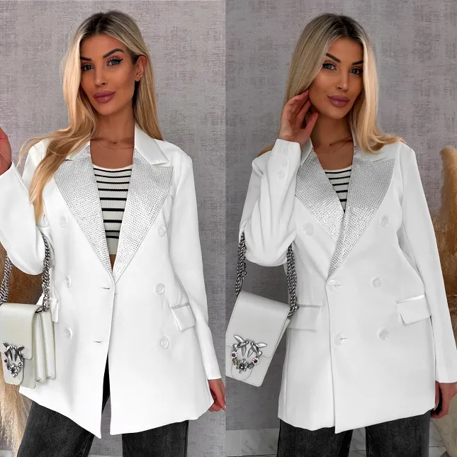Luźna biała marynarka OVERSIZE zdobiona cekinami - R497