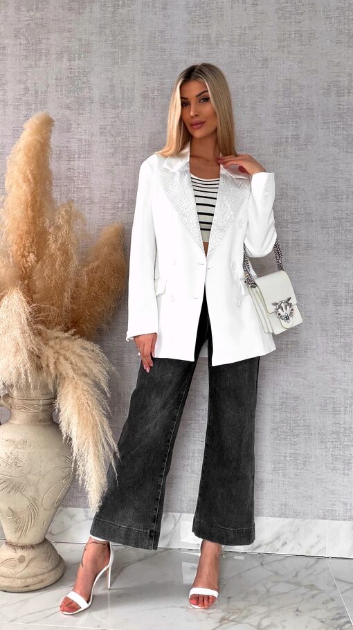 Luźna biała marynarka OVERSIZE zdobiona cekinami - R497