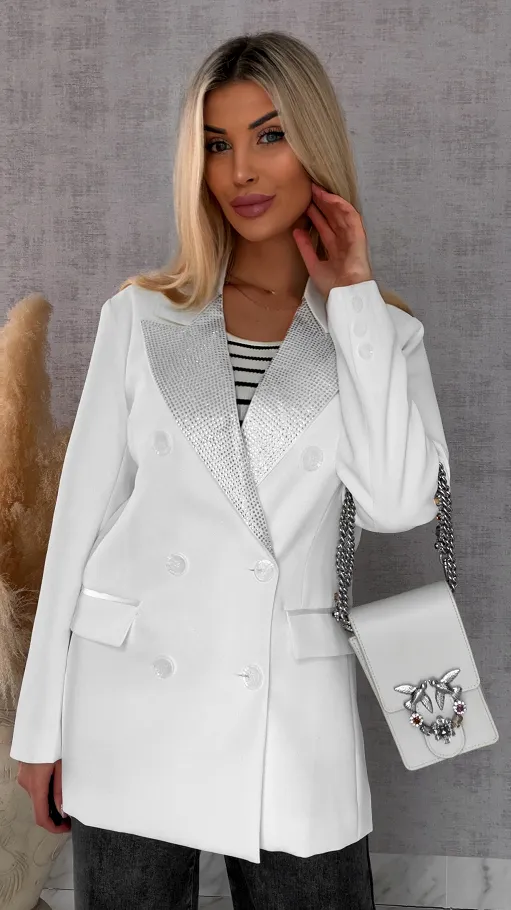 Luźna biała marynarka OVERSIZE zdobiona cekinami - R497