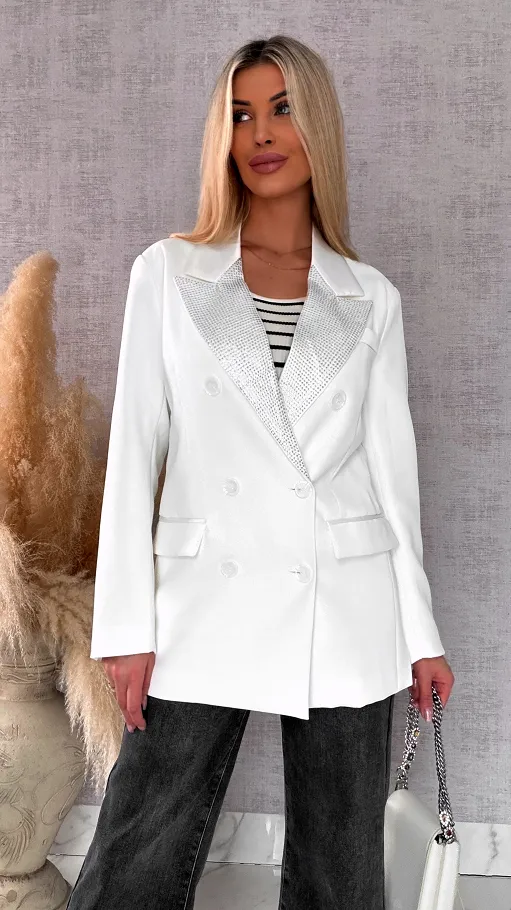Luźna biała marynarka OVERSIZE zdobiona cekinami - R497