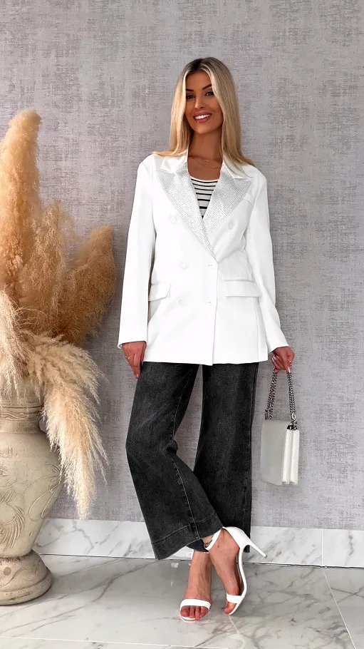 Luźna biała marynarka OVERSIZE zdobiona cekinami - R497
