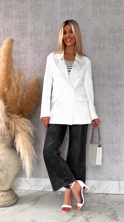 Luźna biała marynarka OVERSIZE zdobiona cekinami - R497
