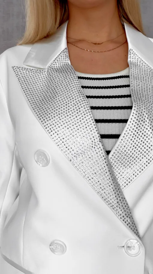 Luźna biała marynarka OVERSIZE zdobiona cekinami - R497