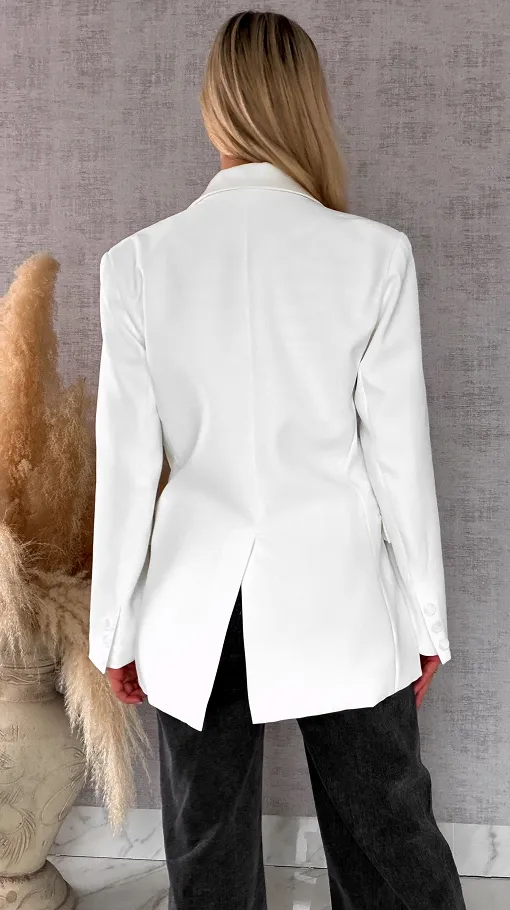 Luźna biała marynarka OVERSIZE zdobiona cekinami - R497