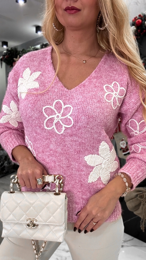 Oryginalny różowy sweter w haftowane białe kwiaty ONE SIZE - N956