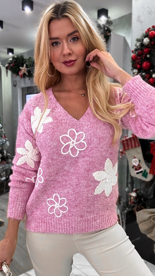 Oryginalny różowy sweter w haftowane białe kwiaty ONE SIZE - N956