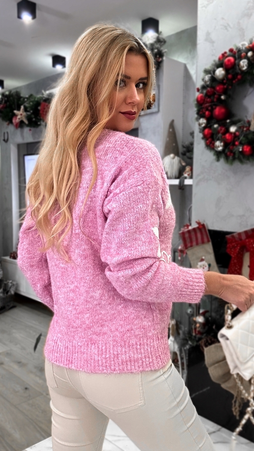 Oryginalny różowy sweter w haftowane białe kwiaty ONE SIZE - N956