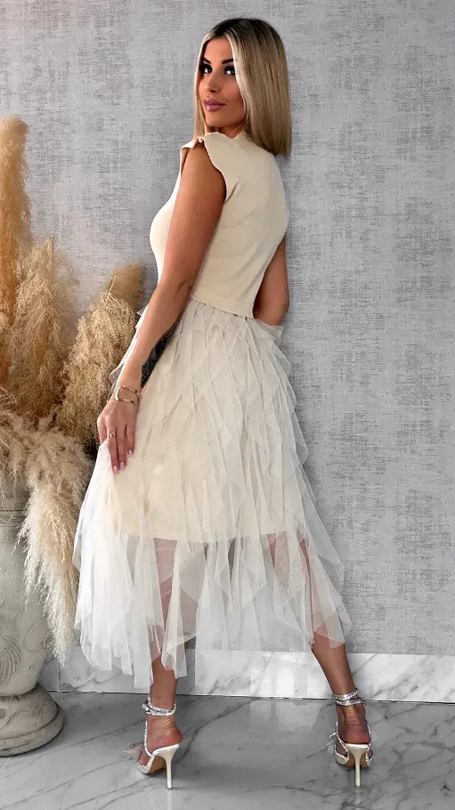 Wyjątkowa sukienka dzianinowa z tiulem ONE SIZE jasny beż - R571