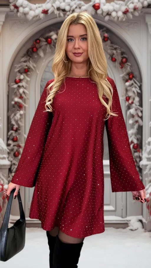 Bordowa sukienka w mini cyrkonie z wiązaniem na plecach - P060