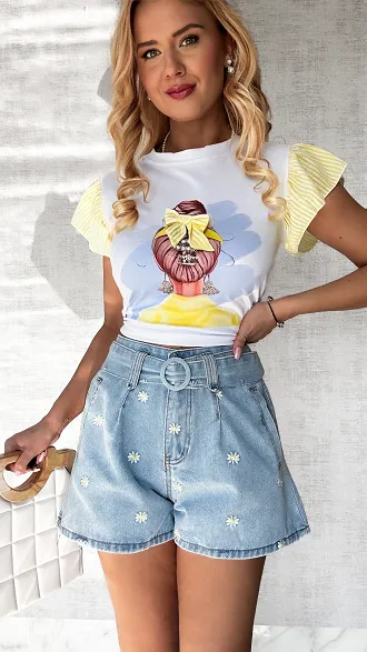Szorty jeansowe w stokrotki z paskiem - P569