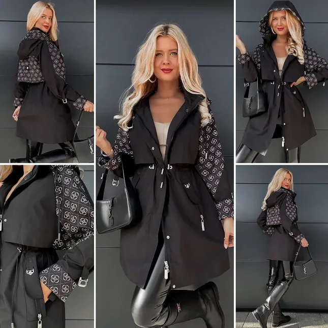 Fantastyczna kurtka PARKA zdobiona modnym wzorem CZARNA - R068