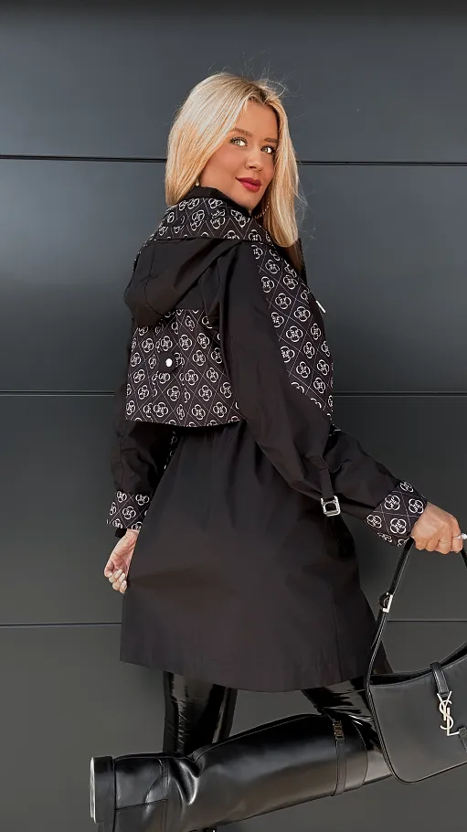 Fantastyczna kurtka PARKA zdobiona modnym wzorem CZARNA - R068