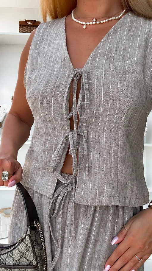 Elegancki beżowy komplet lniany ze srebrną nitką ONE SIZE - P811