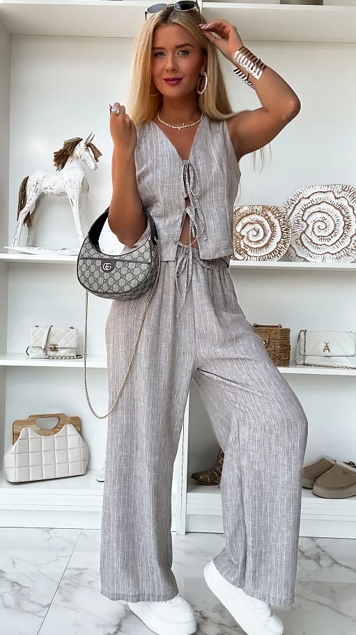 Elegancki beżowy komplet lniany ze srebrną nitką ONE SIZE - P811