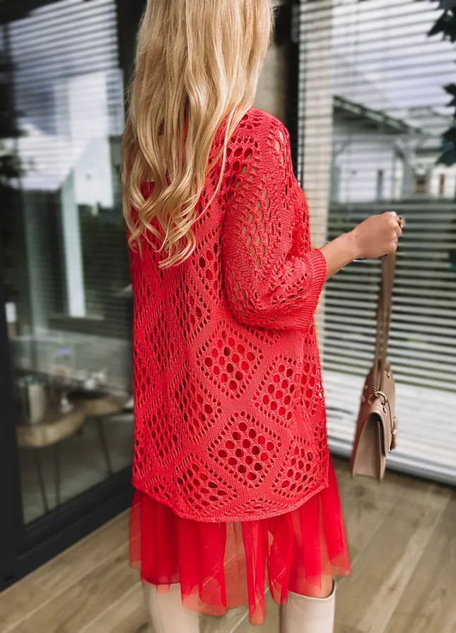 Komplet damski ażurowy sweterek + sukienka z tiulem KORALOWY - L741B
