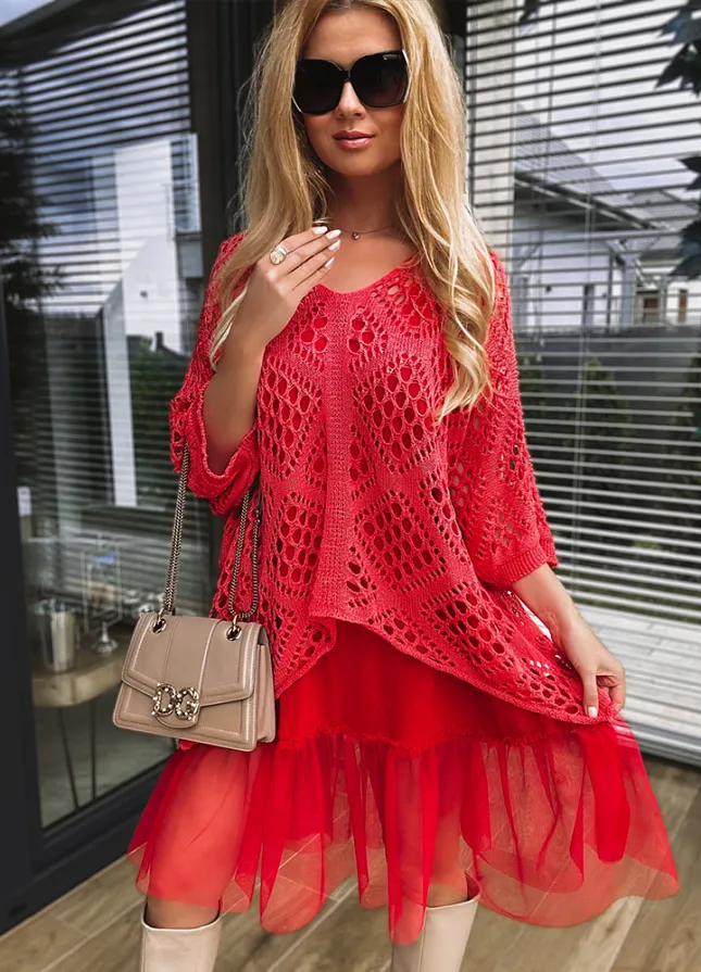 Komplet damski ażurowy sweterek + sukienka z tiulem KORALOWY - L741B