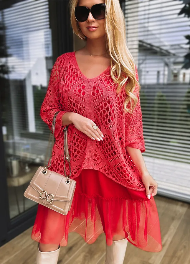 Komplet damski ażurowy sweterek + sukienka z tiulem KORALOWY - L741B