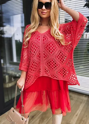 Komplet damski ażurowy sweterek + sukienka z tiulem KORALOWY - L741B
