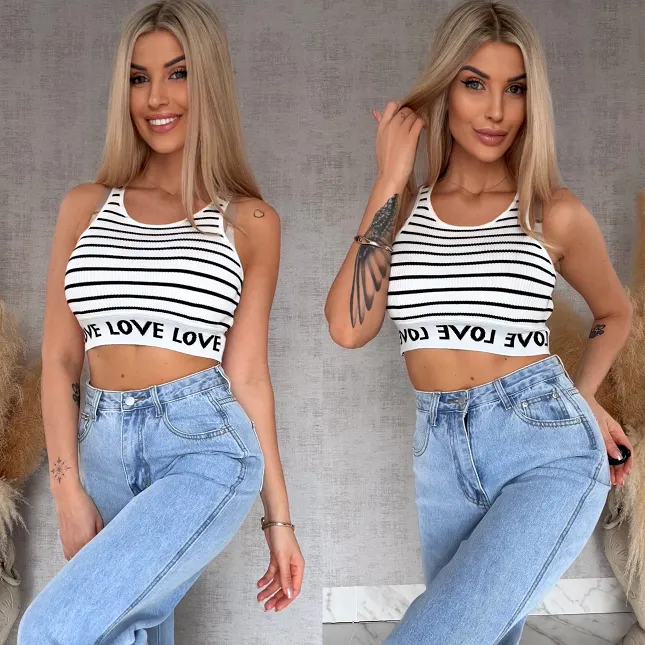 Elastyczny sportowy TOP w paski z wiskozy BIAŁY - R759