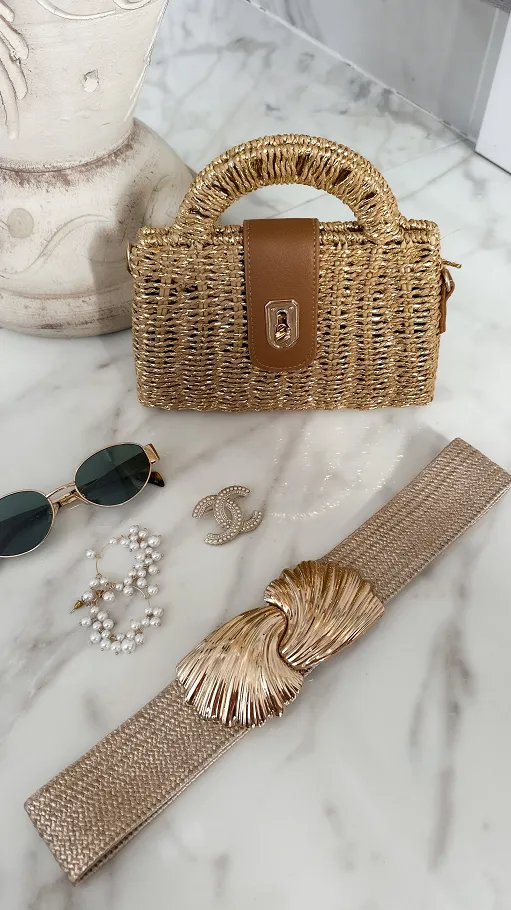 Rattanowy MINI kuferek BOHO ze złotą plecionką - P678