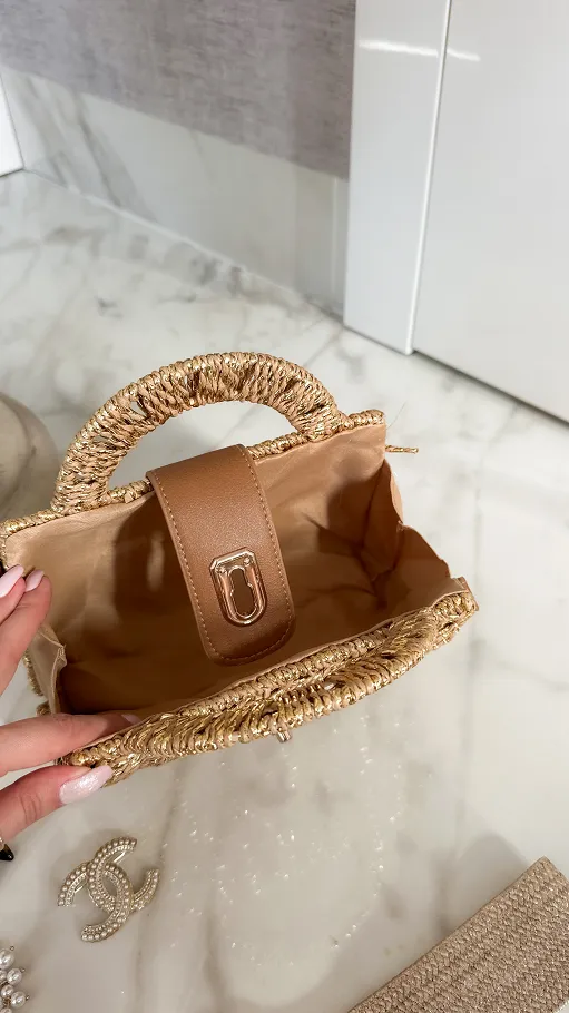 Rattanowy MINI kuferek BOHO ze złotą plecionką - P678